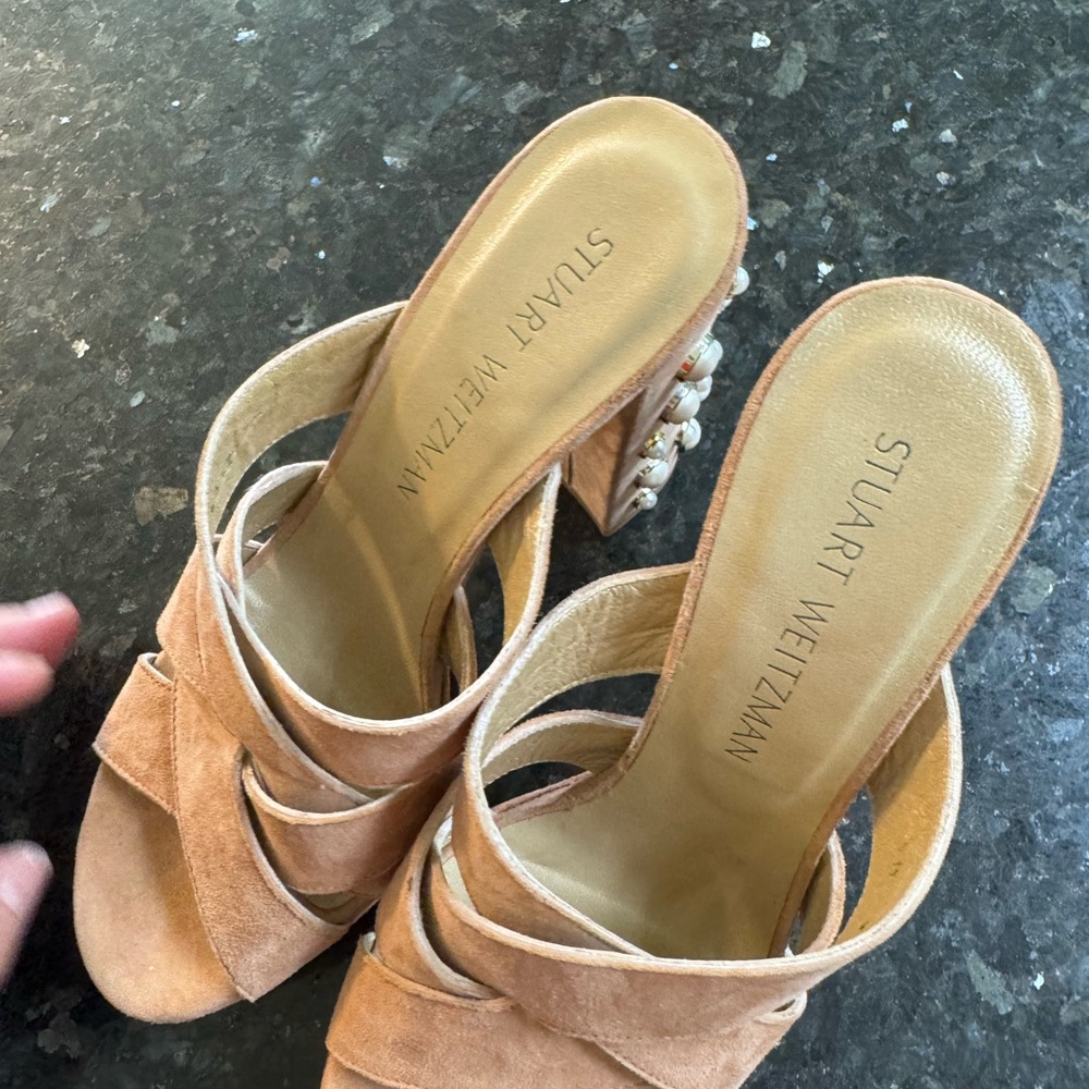 Stuart Weitzman Beige Heels with Pearl Accents - Picture 7 of 11
